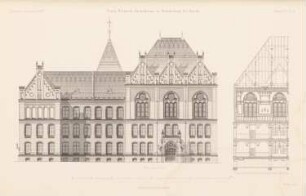 Prinz-Heinrich-Gymnasium, Berlin-Schöneberg: Ostansicht, Längsschnitt durch die Aula (aus: Atlas zur Zeitschrift für Bauwesen, hrsg. v. Ministerium der öffentlichen Arbeiten, Jg. 45, 1895)