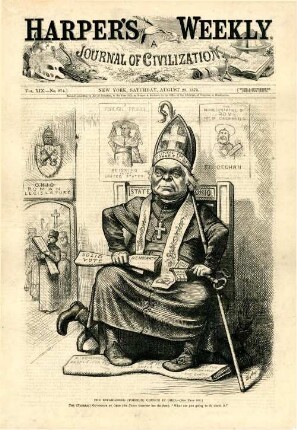 The established (Foreign) Church in Ohio. The (Foreign) Governor of Ohio (the Native Governor has the floor). "What are you going to do about it?" : Erzbischof John Purcell sitzt auf dem Sessel von Rutherford Hayes, dem Gouverneur von Ohio, und regiert den Staat (zu S.698)