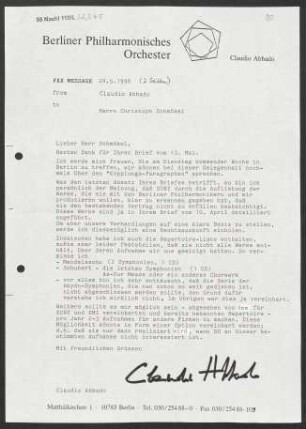 Brief an Christoph Schmökel an Deutsche Grammophon-Gesellschaft, 24.05.1996