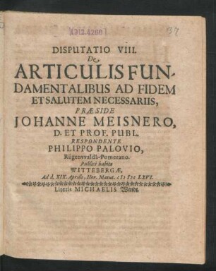 Disputatio VIII. De Articulis Fundamentalibus Ad Fidem Et Salutem Necessariis