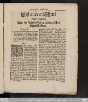 Deß andern Theils Erstes Capitel. Von der Pferde Nutzen und herrlichen Eigenschafften.