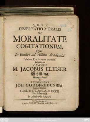 Dissertatio Moralis De Moralitate Cogitationum