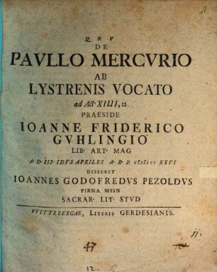 De Paullo, Mercurio ab Lystrenis vocato, ad Act. XIIII, 12
