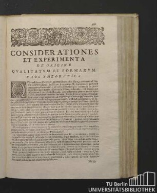Considerationes Et Expreimenta De Origine Qualitatum Et Formarum. Pars Theoretica.