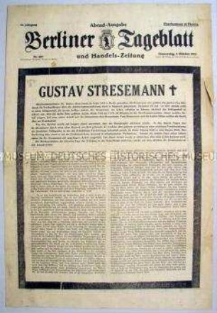 Berliner Tageblatt zum Tod von Gustav Stresemann