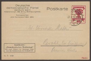 Werbepostkarte "Deutsche demokratische Partei", Köthenerstraße 35