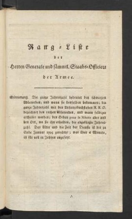 Rang-Liste der Herren Generale und sämmtl. Staabs-Officiere der Armee