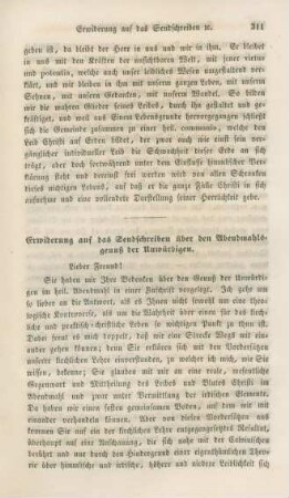 311-324 Erwiderung auf das Sendschreiben über den Abendmahlsgenuß der Unwürdigen