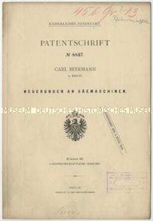 Patentschrift über Neuerungen an Sämaschinen, Patent-Nr. 8837