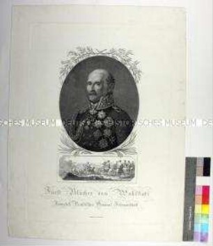 Porträt des preußischen Generalfeldmarschalls Gebhard Leberecht von Blücher Fürst von Wahlstatt mit einer kleinen Darstellung aus der Schlacht an der Katzbach