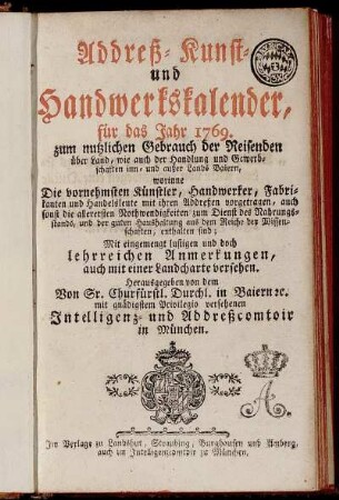 1769: Addreß- Kunst- und Handwerkskalender für das Jahr 1769