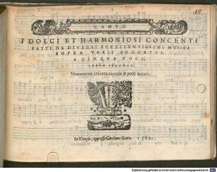 I DOLCI ET HARMONIOSI CONCENTI FATTI DA DIVERSI ECCELLENTISSIMI MVSICI SOPRA VARII SOGGETTI. A CINQVE VOCI. LIBRO SECONDO