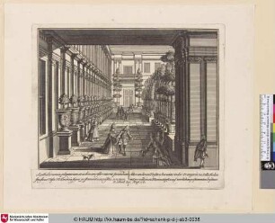 Allee an denen Fenstern herunter in der Orangerie zu Saltzhalen mit porcellainen Blumentöpfen auf zierlichen postamenten besetzet
