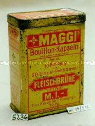 Blechdose für "MAGGIs Bouillon-Kapseln Inhalt: 10 Kapseln mit 20 Einzel-Portionen FLEISCHBRÜHE (mit Fett) M. 1.-"