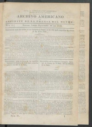 Número 21. - Buenos Aires, Diciembre 16 de 1850.