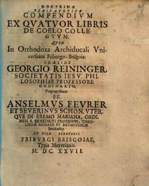 Doctrinae peripateticae compendium ex quatuor libris de coelo collectum