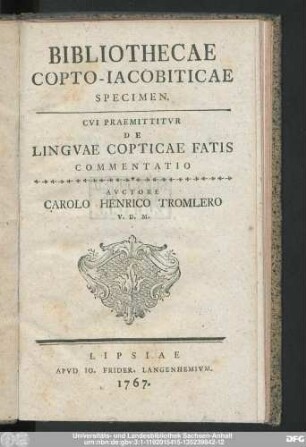 Bibliothecae Copto-Iacobiticae Specimen