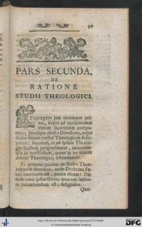 Pars Secunda. De Ratione Studii Theologici.