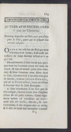 Autres Avis Necessaires à tous les Chrétiens