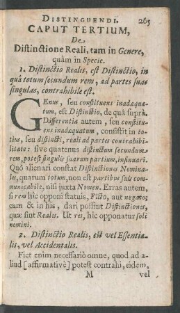 Caput Tertium, De Distinctione Reali, tam in Genere, quam in Specie.