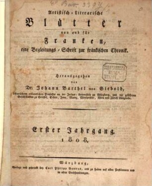 Neue artistisch-literarische Blätter von und für Franken. 1. 1808 = Nr. 1-24
