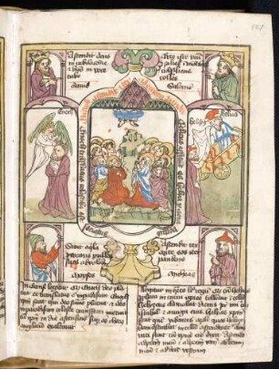 (1) Propheten-Brustbilder; (2) Antitypus: Himmelfahrt Christi; Typen: (3) Ein Engel holt Enoch zur Aufnahme in den Himmel ab; (4) Elias fährt mit einem feurigen Wagen gen Himmel