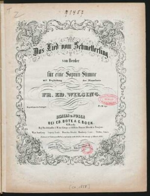 Das Lied vom Schmetterling : von Herder ; für eine Sopran-Stimme mit Begleitung des Pianoforte