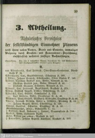 3. Abtheilung. Einwohnerverzeichnis : 3. Abtheilung. Alphabetisches Verzeichnis der selbstständigen Einwohner Plauens
