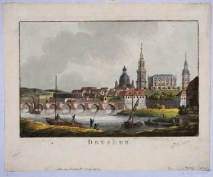 Stadtansicht von Dresden, Altstadt, Blick von Nordwesten über die Elbe mit Schiffen auf die Altstadt mit Bastion und Augustusbrücke