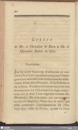 Lettre de Mr. le Chevalier de Born à Mr. le Chevalier Rubin de Celis