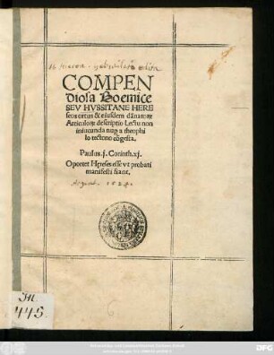 COMPEN||diosa Boemice || SEV HVSSITANE HERE||seos ortus & eiusdem dãnato#[RUM] || Articulo#[RUM] descriptio Lectu non || iniucunda nu#[pro] a theophi||lo tectono cõgesta.|| ... ||