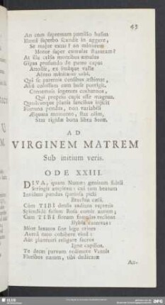 Ad Virginem Matrem Sub initium veris. Ode XXIII.