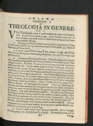 Disputatio I. De Theologia In Genere.
