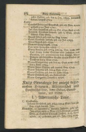 Kurze Genealogie der anietzt regierenden Herzogen, Albertinischer und Ernestinischer Linie ...