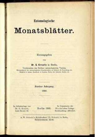 Entomolgische Monatsblätter. Zweiter Jahrgang. 1880