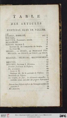 Table des articles contenus dans ce volume
