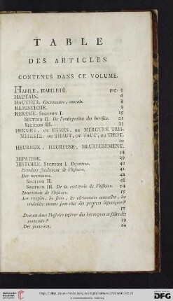 Table des articles contenus dans ce volume