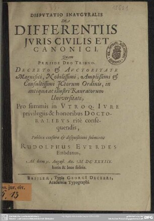 Disp. inaug. de differentiis juris civilis et canonici
