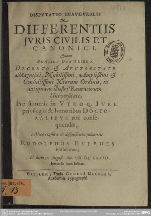 Disp. inaug. de differentiis juris civilis et canonici