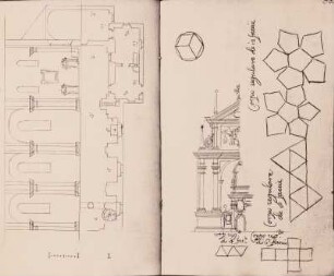 Details zu Altar oder Fassade; Seitenansicht einer irche mit Grundriss
