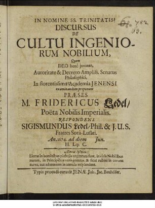 Discursus De Cultu Ingeniorum Nobilium