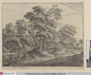 [Eine Bäuerin mit Tochter auf einer kleinen Holzbrücke; A Peasant woman and daughter on a small wooden bridge]