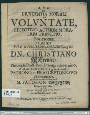Ex prudentia morali de voluntate, effectivo actuum moralium principio, positiones
