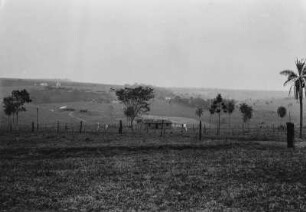Weideland : Blick auf abgezäuntes Weideland, auf Bäumen und Gebäude. Im Hintergrund Baumgruppen und eine Siedlung.