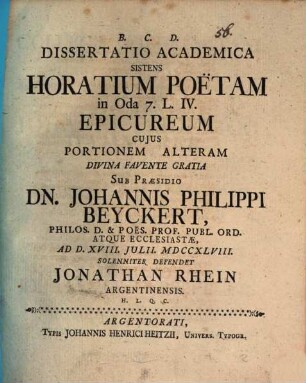 Dissertatio Academica Sistens Horatium Poetam in Oda 7. L. IV Epicureum .... Portionem Alteram