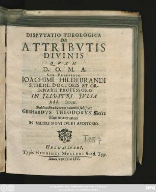 Disputatio Theologica De Attributis Divinis