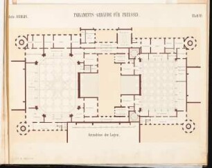 Preußisches Parlament, Berlin Schinkelwettbewerb 1868: Kernstück Grundriss 2. Obergeschoss (Logen der Sitzungssäle); Maßstabsleiste