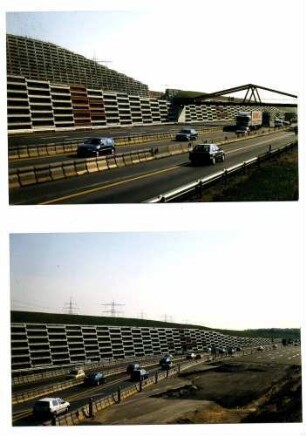 Lärmschutz-Steilwall "Sandweier" Einbau der offenporigen Asphaltdeckschicht mit drei Fertigern auf der gesamten Fahrbahnbreite BETEX-Gründwand und EVERGREEN-Raumgitterwand