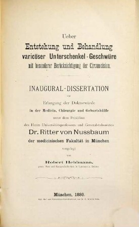 Über Entstehung und Behandlung varicöser Unterschenkel-Geschwüre mit besonderer Berücksichtigung der Circumcision : Inaug. Diss.