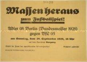 Aufruf der oppositionellen Arbeitersportler zum Fußballspiel der Begegnung Adler 08 Berlin gegen VfL 05 in Hamburg-Altona im September 1929